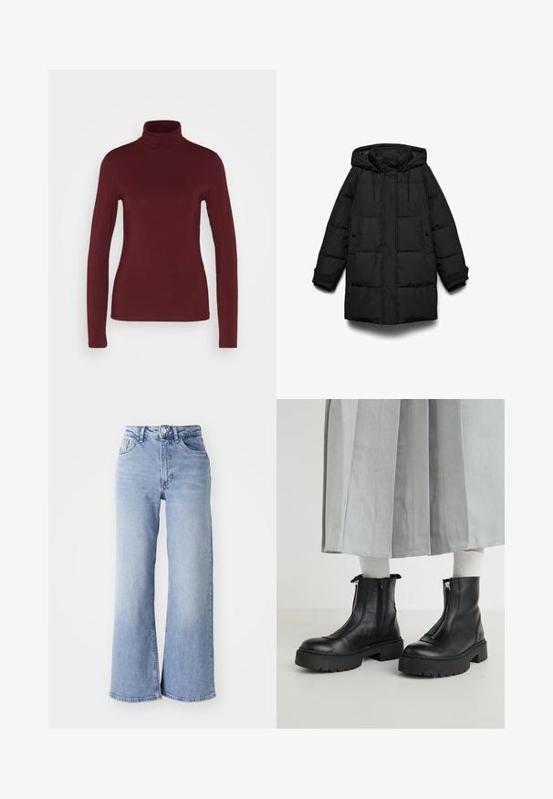 Sort dunjakke med hætte, der har quiltede sektioner, en frontlynlås, to sidelommer og justerbare snore.; Pieces PCSIRENE ROLLNECK - Langærmet T-shirt - tawny port; Lysblå højtaljede brede jeans med for- og baglommer, knaplukning og subtil falming på lårene og kantene.; Sorte læder ankelstøvler med en kraftig sål, prydet med en frontlynlås og stikninger. Båret med hvide ribbede sokker og en lys nederdel.