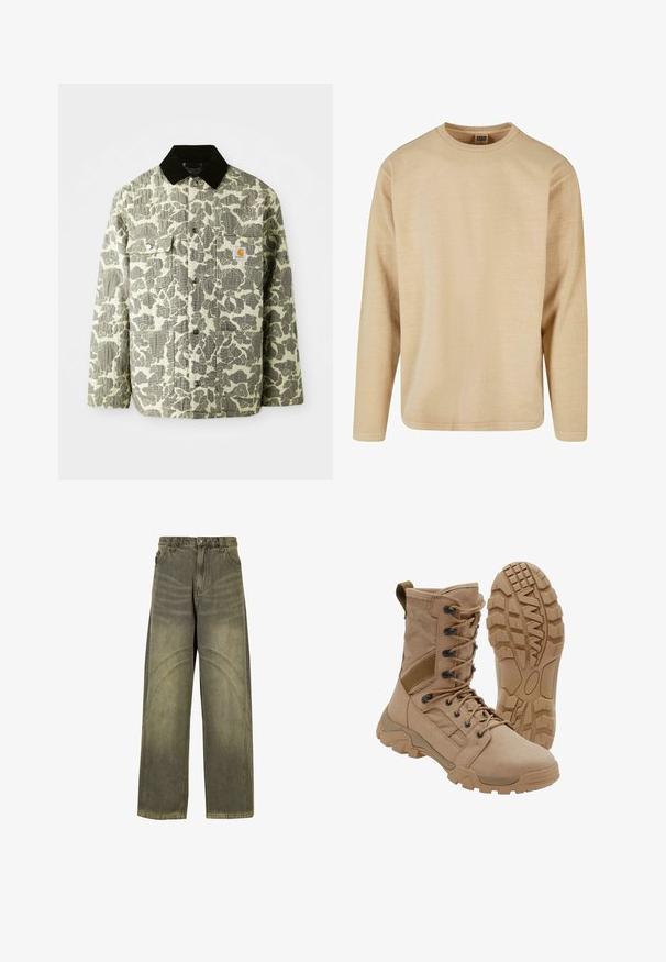 Camo-patroon jas in groen en grijze stof met een zwarte corduroy kraag, voorzien van twee voorzakken en een logo patch op de borst.; Beige langekool t-shirt van zachte stof, met een ronde hals, een relaxte pasvorm en minimale naden voor een strakke uitstraling.; Wijde spijkerbroeken van olijfgroene denim, met gebogen naadaccenten, klassieke knoopsluiting en een vervaagde afwerking.; Tan tactische laars met veterontwerp tot aan de enkel en stevige rubberen zool, één laars rechtopstaand en één die het profielpatroon toont.