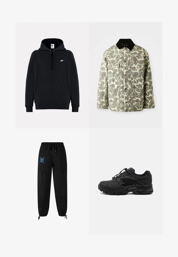 Camo-mønsteret jakke i grøn og grå stof med en sort kordfløjlskrave, som har to frontlommer og et logo-patch på brystet.; Sort Nike-hættetrøje med frontlomme, snøre i hætten og lille hvid Nike-logo på venstre bryst.; Sorte cargo bukser med snor i taljen, blåt logo på låret, elastiske manschetter og sidelommer til opbevaring. Fremstillet af letvægtsstof.; Sort atletisk sneaker med tekstureret stof, tyk polstret sål, luftventiler og snørelukning, vist fra siden på en lys baggrund.