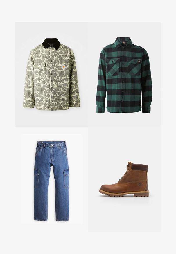 Camo-mønsteret jakke i grøn og grå stof med en sort kordfløjlskrave, som har to frontlommer og et logo-patch på brystet.; Grøn- og sortternet flannel skjorte med lange ærmer, knaplukning foran, to brystlommer og en klassisk krave. Blød tekstur, alsidigt design.; Blå denim cargo bukser med lige ben-design, to sidelommer og synlige sømdetaljer. Generelt en afslappet og funktionel stil.; Brun læder vandrestøvle med en glat finish, polstret ankel, metalliske snørehuller og en gummisål med et robust dækmønster.