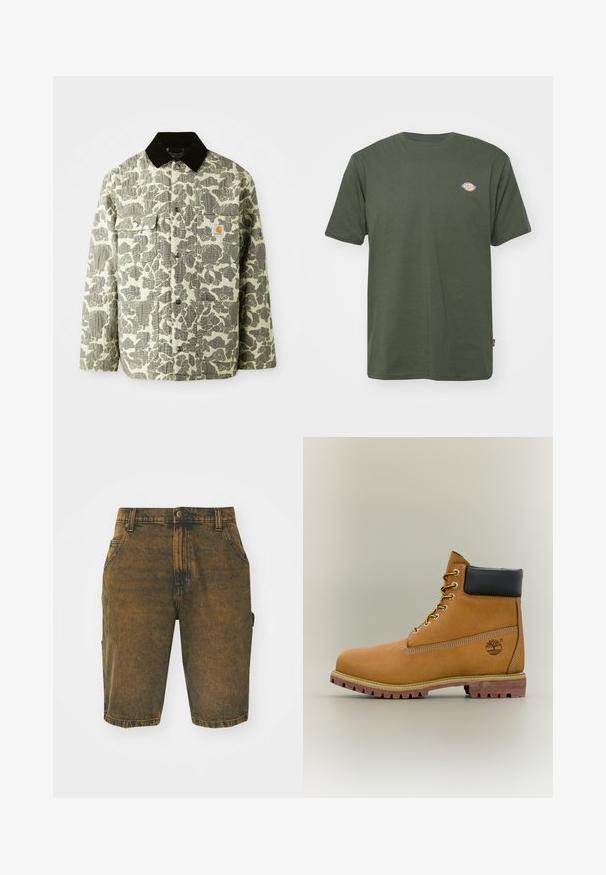 Chaqueta de camuflaje en tela verde y gris con un cuello de pana negro, que presenta dos bolsillos frontales y un parche de logo en el pecho.; Camiseta de algodón verde oliva con cuello redondo, mangas cortas y un pequeño logo de color en el pecho. Textura suave, diseño casual.; Pantalones cortos de mezclilla en un color marrón desgastado con una textura ligeramente desgastada. Cuenta con trabillas para el cinturón, bolsillos frontales y un bolsillo tipo cargo en el lateral.; Bota de tobillo de cuero marrón con cuello negro, cordones amarillos y suela beige. Presenta un logotipo y detalles de costura blanca. Suela exterior con tracción robusta.