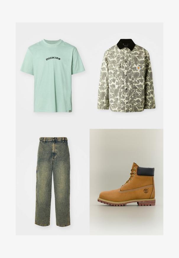 Vihreä-harmaa camo-kuvioinen takki, jossa on musta vakosamettikaulus, kahdella etutaskulla ja rintakehässä logo-eliitti.; Vaaleanvihreä puuvillapaita, jossa on musta kaareva "DICKIES" -logo edessä. Klassinen pyöreä kaula-aukko ja lyhyet hihat. Minimaalinen muotoilu.; Löysät farkut haalistuneessa sinisen ja vihreän sävyssä. Varustettu napituksella, vyölenkeillä ja sivutaskuilla. Tasainen etuosa ja suora lahjemuoto.; Ruskeat nahkaiset nilkkurit, joissa musta kaulus, keltaiset nauhat ja vaalea pohja. Varustettu logolla ja valkoisilla sauman yksityiskohdilla. Kestävä, pitävä ulkopohja.