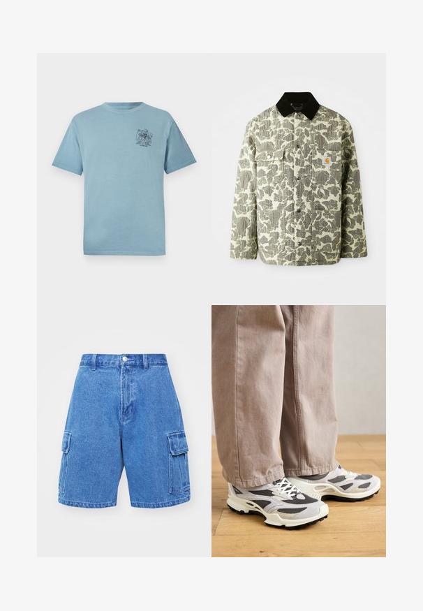 Veste à motif camouflage en tissu vert et gris avec un col en velours côtelé noir, dotée de deux poches avant et d'un patch logo sur la poitrine.; T-shirt en coton bleu clair avec une coupe décontractée, comprenant un petit graphique noir sur la partie gauche de la poitrine. Manches courtes et col rond.; Obey Clothing BIGWIG BAGGY - Short en jean - light indigo; Personne portant un pantalon beige à jambes larges et des baskets grises et blanches se tenant sur un sol en bois.
