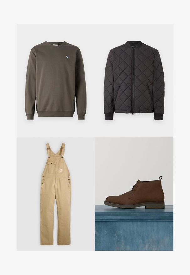 Veste bomber matelassée noire avec fermeture éclair, col et poignets côtelés, et poches latérales zippées, présentée sur un fond blanc.; Sweatshirt gris à col rond en coton, avec une petite broderie d'oiseau bleu et blanc sur la poitrine gauche et des poignets côtelés.; Salopette de travail beige avec bretelles réglables, poches sur la poitrine dont une poche à rabat boutonné, boutons latéraux et jambes droites.; Bottes aux chevilles en daim marron avec un bout arrondi, un laçage à l'avant et une semelle grise texturée. Comprend une petite languette à l'arrière pour faciliter l'enfilage.