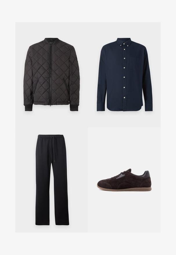 Veste bomber matelassée noire avec fermeture éclair, col et poignets côtelés, et poches latérales zippées, présentée sur un fond blanc.; Chemise boutonnée bleu marine à manches longues, avec un col, un plastron à boutons à l'avant et une poche poitrine. Fabriquée dans un tissu lisse.; Abercrombie & Fitch ESSENTIAL BAGGY OPEN HEM CASUAL - Pantalon de survêtement - black; Baskets en daim brun foncé avec un détail noir au talon, lacets sur le devant, et semelle en caoutchouc marron clair, vues de côté sur un fond blanc.