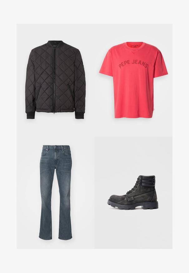 Chaqueta bomber acolchada negra con cierre de cremallera, cuello y puños acanalados, y bolsillos laterales con cremallera, presentada sobre un fondo blanco.; Camiseta de algodón color coral con mangas cortas y cuello redondo. Presenta el texto "PEPE JEANS" impreso en letras oscuras en el pecho.; Vaqueros de mezclilla azul oscuro con ligero desgaste, corte recto en la pierna, cierre con botón y cremallera, y bolsillos delanteros y traseros.; Botines de tobillo en negro y gris hechos de lona texturizada con un cuello acolchado, punta redonda y suela de goma resistente. 6 ojales de metal para los cordones.
