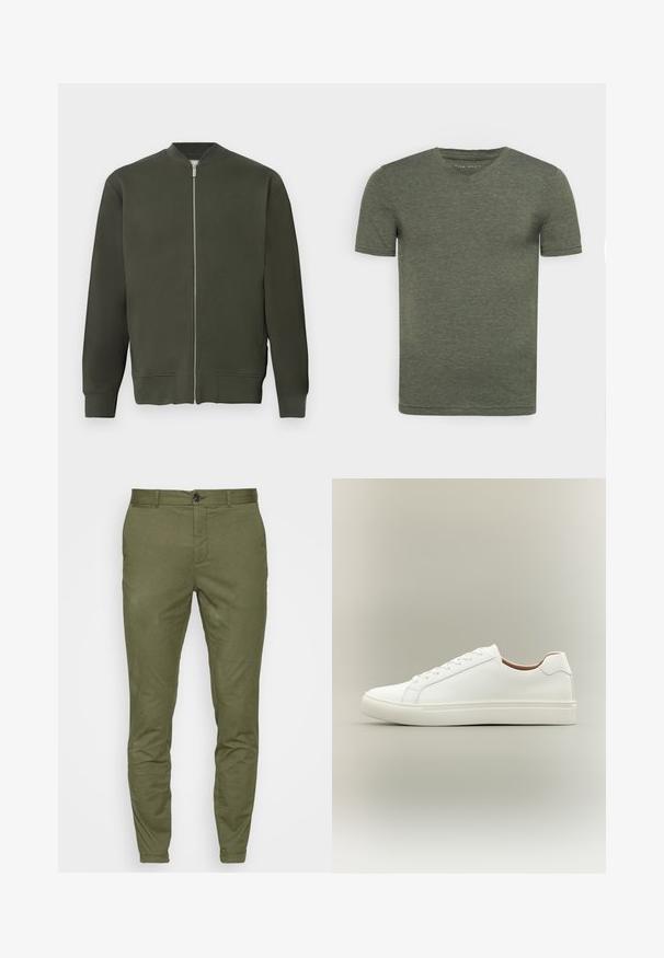 Grüne Bomberjacke mit durchgehendem Reißverschluss, gerippten Bündchen und Saum. Sie zeichnet sich durch eine glatte Textur und ein minimalistisches Design aus.; Pier One by Zalando MUSCLE - T-Shirt basic - khaki; Olivgrüne Chinos mit schlankem Schnitt, ausgestattet mit einem vorderen Knopfverschluss, Gürtelschlaufen und einer glatten, mittelschweren Stofftextur.; Weißer Sneaker mit niedrigem Schaft, Schnürverschluss und flacher Sohle, seitlich auf neutralem Hintergrund gezeigt.