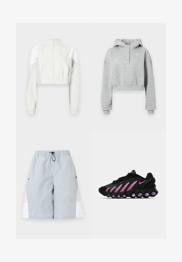 Kurze Jacke in Hellgrau mit durchgehendem Reißverschluss. Mit elastischen Bündchen und Einsätzen in kontrastierendem Weiß. Leicht und mit glatter Textur.; Grauer kurzer Hoodie aus weichem Stoff, mit geknöpftem Kragen, langen Ärmeln und einem kleinen Nike-Logo auf der Brust.; Hellgraue Sportshorts mit weißen Seitenpaneelen, elastischem Bund und schwarzer Kordelschlaufe, dargestellt vor einem schlichten Hintergrund.; Schwarze und rosa Nike-Sneaker mit einem Mesh-Obermaterial, geschwungenem Design und abgerundeten lila Dämpfungselementen an Sohle und Seiten.