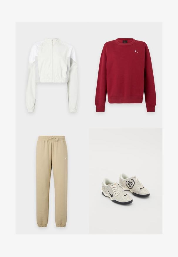 Chaqueta corta en gris claro con cremallera frontal. Presenta puños elásticos y paneles en blanco contrastante. Ligera, textura suave.; Sudadera roja con mangas largas, puños y dobladillo acanalados, con un logo blanco en el pecho. Hecha de material de algodón suave.; Pantalones de chándal de algodón beige con cintura elástica y cordón, con puños acanalados y un pequeño logo blanco en el lado izquierdo.; Zapatillas Nike con un upper texturizado en beige y gris, acentos negros, un gran logo de "90" y un cierre de cordones blancos. Suela negra.