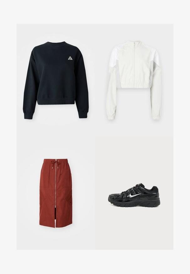 Kurze Jacke in Hellgrau mit durchgehendem Reißverschluss. Mit elastischen Bündchen und Einsätzen in kontrastierendem Weiß. Leicht und mit glatter Textur.; Schwarzer, kurzer Sweatshirt aus weichem Stoff. Hat einen Rundhalsausschnitt und gerippte Bündchen. Beinhaltet ein kleines, weißes Dreieck-Logo auf der linken Brust.; Midikleid in terrakottarot, mit einem Frontreißverschluss, elastischem Bund mit Kordelzug und seitlichen Taschen mit geometrischem Design.; Schwarzer Nike P-6000 Sneaker mit silbernem Swoosh, Mesh- und glänzenden Overlays sowie strukturierter schwarzer Sohle, von der Außenseite auf einfarbigem Hintergrund gezeigt.
