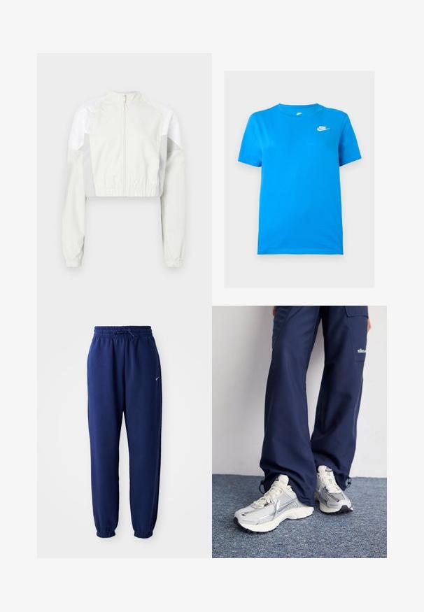 Korte jas in lichtgrijs met rits aan de voorkant. Voorzien van elastische manchetten en panelen in contrasterend wit. Lichtgewicht, met een gladde textuur.; Blauw short-sleeve Nike T-shirt met ronde hals en wit Nike-logo op de bovenste linkerborst tegen een effen achtergrond.; Marineblauwe joggingbroek van zachte stof, met een elastische tailleband met trekkoord, elastische boorden en een klein wit logo.; Nike hardloopschoenen met een zilveren mesh bovenkant, witte accenten en structuurzolen, gecombineerd met luchtige navy broeken.