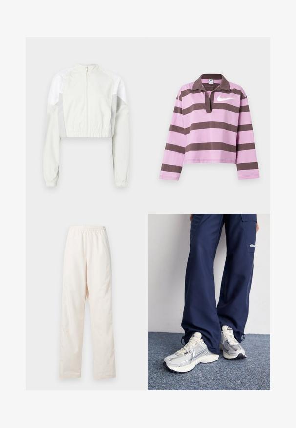 Chaqueta corta en gris claro con cremallera frontal. Presenta puños elásticos y paneles en blanco contrastante. Ligera, textura suave.; Camisa de rugby de manga larga con rayas horizontales en lavanda y marrón oscuro, cuello abierto y logo blanco de Nike en el pecho.; Pantalones de color crema con cintura elástica y corte de pierna recta, de ajuste suelto, exhibidos sobre un fondo blanco liso.; Zapatillas deportivas Nike con parte superior de malla plateada, acentos blancos y suelas texturizadas, combinadas con pantalones azul marino de corte holgado.