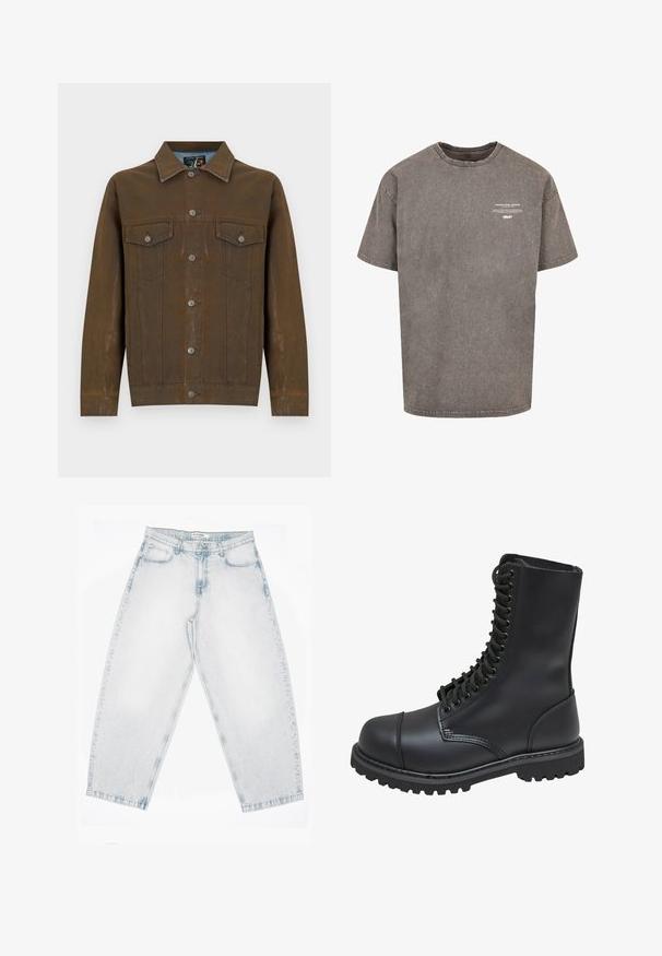 Brun, struktureret jakke med krave, to brystlommer og knaplukning foran. Fremstillet af et holdbart materiale med synlige syninger.; Grå oversized bomulds T-shirt med rund halsudskæring, korte ærmer, slidte tekstur og hvid trykt tekst på forsiden.; Lyseblå denimjeans med høj talje, lige brede ben, knap- og lynlåslukning samt lommer foran og bagpå.; Sort læder kampstøvle med høj skaft, snørebånd foran, polstret krave og en robust tekstureret sål for godt greb. Har forstærket tåhætte.