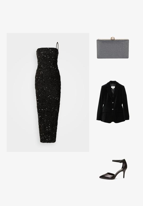 Americana de terciopelo negro con solapas muesca, dos bolsillos frontales y botones dorados. Cuenta con un forro interior suave y un ajuste entallado.; Jarlo CLEMENT - Vestido de fiesta - black; Zapato de tacón alto de cuero negro con punta afilada, tira en el tobillo y tacón delgado. Textura suave y hardware minimalista.; Bolso de mano rectangular negro cubierto de pequeños cristales, con un cierre dorado con detalles decorativos en la parte superior.