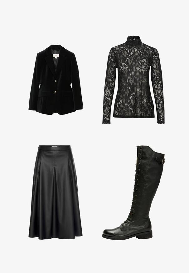 Zwarte fluwelen blazer met geknipte revers, twee voorzakken en gouden knopen. Beschikt over een gladde binnenvoering en een getailleerde pasvorm.; Zwarte kant turtleneck top met lange mouwen, voorzien van een intricaat bloemenpatroon en een gegolfde halslijn. Doorzichtig, textured stof.; Zwarte leren maxi-rok met hoge taille, geplooid ontwerp en gladde textuur. Benadrukt een vloeiende silhouet.; Zwarte leren kniehoog laars met vetersluiting aan de voorkant, zilveren oogjes en een bucklet aan de zijkant. Heeft een gestructureerde afwerking en een gestapelde hak.