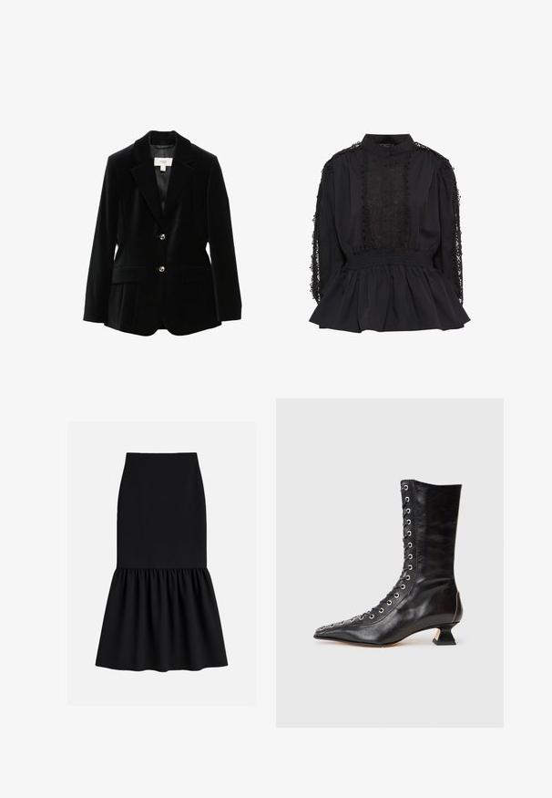 Sort fløjlsjakke med notched lapels, to forlommer og guldtonede knapper. Har en glat foring og en skræddersyet pasform.; Sort bluse med høj krave, knaplukning foran, blonde detaljer på ærmerne, smocket talje og flagrende kant. Blødt stof med teksturerede accenter.; Sort midi-nederdel lavet af strækbart stof, med en tætsiddende talje og en udvidet, rynket bund med en glat tekstur.; Sort læder ankelstøvle med spids tå, snøring foran, metaløjer, lav blokhæl og et strømlinet design. Glat tekstur, moderne silhuet.