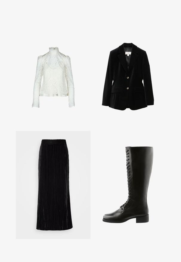 Sort fløjlsjakke med notched lapels, to forlommer og guldtonede knapper. Har en glat foring og en skræddersyet pasform.; Hvid blondetop med høj krave, oppustede lange ærmer og blomstermønster. Satinbånd langs bunden for ekstra detaljer.; Lang sort fløjl maxi nederdel med vertikale plisseringer og en bølget blonde talje. Stoffet har et blødt, tekstureret udseende.; Sorte læder støvler til knæhøjde med snørebånd foran, rund tå og blokhæl, med en glat overflade og ingen synlige mønstre.