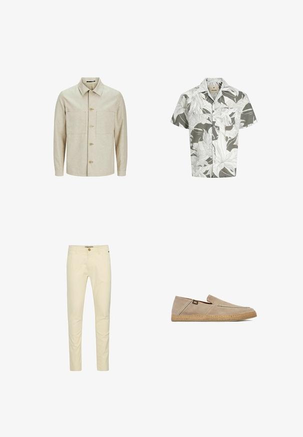 Chaqueta beige claro de botón, hecha de una tela texturada, con un cuello, dos bolsillos frontales y un corte recto con mangas largas.; Camisa de manga corta en gris claro con patrones de hojas blancas. Con botones al frente, collar tradicional, fabricada en una tela ligera.; Chinos de algodón beige con un corte slim, que cuentan con un cierre de botón y un detalle de costura sutil en los bolsillos. Textura suave con un acabado pulido.; Zapato beige tipo slip-on con parte superior de ante y suela tejida texturizada, con una pequeña etiqueta de logo de tela en el lateral cerca del talón.