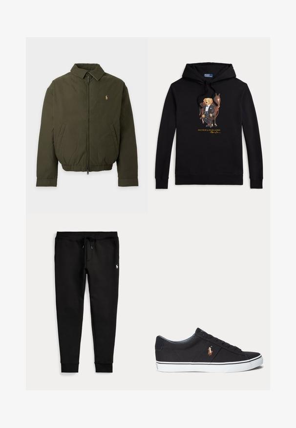 Chaqueta verde oscuro con cremallera, cuello, bolsillos laterales, cintura elástica y un pequeño logo bordado en el pecho izquierdo.; Sudadera negra con capucha con Polo Bear en esmoquin sosteniendo las riendas de un caballo, texto "POLO BEAR by RALPH LAUREN" debajo del gráfico.; Pantalones jogger negros con tobillos con puños, cintura con cordón, bolsillos laterales y pequeño logo blanco de jugador de polo en el muslo derecho.; Zapatilla deportiva negra de corte bajo con suela blanca y logotipo cosido de jugador de polo en el lateral, con cierre de cordones y parte superior de tela texturizada.