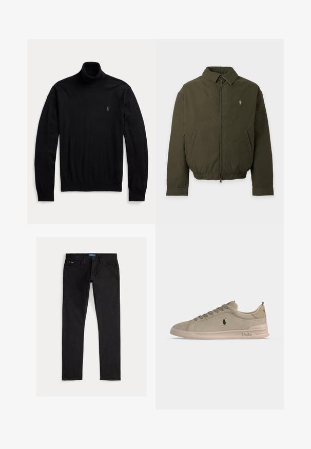 Dunkelgrüne Jacke mit Reißverschluss, Kragen, Seitentaschen, elastischem Bund und kleinem gesticktem Logo auf der linken Brust.; Schwarzer Langarm-Rollkragenpullover mit gerippten Bündchen und Saum, mit kleinem gesticktem Logo auf der linken Brust.; Schwarze Slim-Fit-Denimjeans mit fünf Taschen, Gürtelschlaufen und einem blauen Markentag am Bund. Glatter, strapazierfähiger Stoff.; Hellbeige Wildleder-Low-Top-Sneaker mit Polo-Logo an der Seite und Ferse, vorne mit Schnürung und beigefarbener Gummisohle.