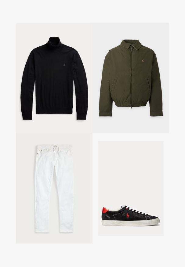 Dunkelgrüne Jacke mit Reißverschluss, Kragen, Seitentaschen, elastischem Bund und kleinem gesticktem Logo auf der linken Brust.; Schwarzer Langarm-Rollkragenpullover mit gerippten Bündchen und Saum, mit kleinem gesticktem Logo auf der linken Brust.; Weiße Slim-Fit-Jeans mit fünf Taschen, Knopfverschluss und Gürtelschlaufen, flach auf einem schlichten hellen Hintergrund ausgelegt.; Schwarze Wildleder-Sneaker mit weißen Schnürsenkeln, roten Akzenten an der Ferse und einem kleinen roten Logo. Sie verfügen über eine flache Gummisohle und einfache Nähte.