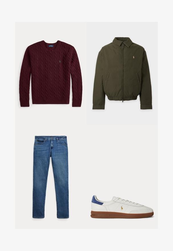 Dunkelgrüne Jacke mit Reißverschluss, Kragen, Seitentaschen, elastischem Bund und kleinem gesticktem Logo auf der linken Brust.; Bordeauxroter Strickpullover mit Rundhalsausschnitt, langen Ärmeln und kleinem grünem Polo Ralph Lauren-Logo auf der Brust.; Blaue Jeans aus Denim mit schmalem Schnitt, ausgestattet mit vorderen Taschen, Gürtelschlaufen und einem Knopfverschluss vor weißem Hintergrund.; Weißer Low-Top Sneaker mit brauner Sohle, blauem Fersenlasche, Schnürsenkeln und goldenem Polo Ralph Lauren Logo an der Seite.