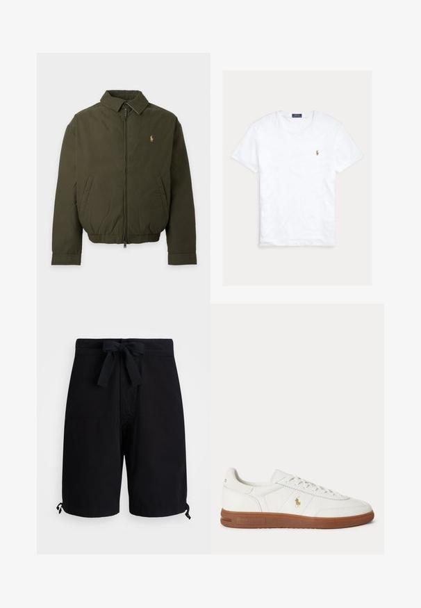 Chaqueta verde oscuro con cremallera, cuello, bolsillos laterales, cintura elástica y un pequeño logo bordado en el pecho izquierdo.; Camiseta blanca de manga corta y cuello redondo con pequeño logo bordado de Polo Ralph Lauren en el pecho izquierdo y etiqueta azul de la marca en el interior del cuello.; Bañador negro hecho de tejido ligero, con un lazo ajustable en la cintura y detalles de toggle ajustables en los dobladillos.; Zapatilla blanca de caña baja con suela marrón, cordones en la parte delantera y pequeño logo dorado de Polo Ralph Lauren en el lateral.