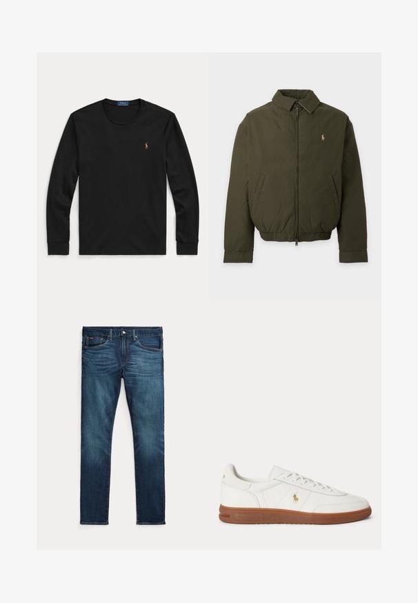 Dunkelgrüne Jacke mit Reißverschluss, Kragen, Seitentaschen, elastischem Bund und kleinem gesticktem Logo auf der linken Brust.; Schwarzes Langarmshirt mit Rundhalsausschnitt und kleinem besticktem Polo Ralph Lauren-Logo auf der linken Brust.; Dunkelblaue Slim-Fit-Jeans mit vorderem Knopf und Reißverschluss, fünf Taschen sowie dezenter Verfärbung an den vorderen Oberschenkeln und Knien.; Weißer Sneaker mit niedrigem Schnitt, brauner Sohle, Schnürung vorne und kleinem goldfarbenem Polo Ralph Lauren Logo an der Seite.