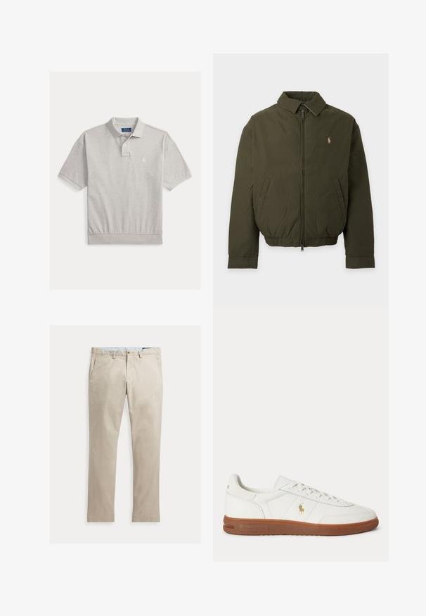 Chaqueta verde oscuro con cremallera, cuello, bolsillos laterales, cintura elástica y un pequeño logo bordado en el pecho izquierdo.; Polo de manga corta gris claro con tapeta de dos botones, cuello y bajo acanalados, y pequeño logo bordado en blanco en el pecho izquierdo.; Pantalones de algodón beige de pierna recta con bolsillos delanteros, trabillas para cinturón, cierre de botón y cremallera, mostrados extendidos sobre un fondo blanco.; Zapatilla blanca de caña baja con suela marrón, cordones en la parte delantera y pequeño logo dorado de Polo Ralph Lauren en el lateral.