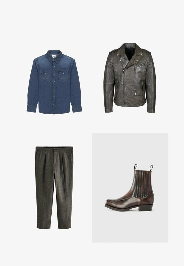 Veste de motard en cuir marron foncé vieilli avec fermeture éclair asymétrique sur le devant, poche poitrine zippée, poche à rabat avec bouton-pression, détails matelassés aux épaules et épaulettes.; Chemise en denim bleu foncé avec un col à boutons, deux poches poitrine à couture contrastante et des manches longues avec poignets à boutons.; Pantalons gris texturé avec une coupe ajustée, plis à l'avant, poches latérales et fermeture à bouton à la taille.; Bottine en cuir marron avec une finition lisse, des panneaux élastiques sur les côtés, un bout rond, des coutures décoratives et un petit talon carré.