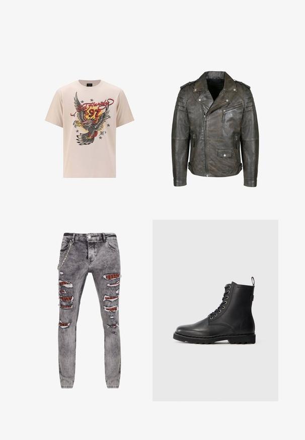 Mørkebrun, distressed læder bikerjakke med asymmetrisk frontlynlås, lynlåslomme på brystet, lomme med trykknapklap, quiltede skulderdetaljer og skulderlapper.; Beige bomulds t-shirt med et stort ørnergrafik med røde og gule accenter, "Ed Hardy" tekst og stjerner i et struktureret printdesign.; Grå slidte jeans med flere revner, der afslører rød og sort ternet stof nedenunder. Har en kædedetalje på siden og en tapered fit.; Sort læder ankelstøvle med rund tå, snøredesign og metaløjer. Har en tekstureret sål og en pull-tab ved hælen for nem påtagning.
