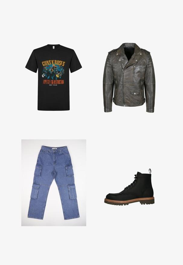 Mørkebrun, distressed læder bikerjakke med asymmetrisk frontlynlås, lynlåslomme på brystet, lomme med trykknapklap, quiltede skulderdetaljer og skulderlapper.; Sort bomulds t-shirt med et farverigt grafisk print af bandmedlemmerne, med teksten "Guns N' Roses Appetite for Destruction 1987 Tour."; Blå denim cargo bukser med flere sidelommer, design med lige ben og en klassisk talje. Stoffet har en let tekstur og falming.; Sort læder ankelstøvle med brunt træ mellemsåle, rund tå, seks metaløjer og tekstureret gummisål for bedre greb.