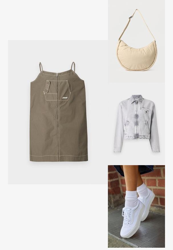 Veste en denim gris avec manches longues, fermeture éclair à l'avant, design cropped, poche poitrine et détail de logo. Texture douce avec une finition décolorée.; Robe sans manches vert olive en coton avec fermeture éclair. Dispose d'une poche poitrine unique, de coutures contrastantes et de bretelles ajustables.; Baskets en toile blanches avec semelles en caoutchouc, dotées de six œillets, d'un bout rond et de détails de couture légers, portées avec des chaussettes blanches mi-mollet.; Sac d'épaule beige en forme de demi-lune avec une texture douce et rembourrée. Comprend une bandoulière réglable et une fermeture éclair sur le bord supérieur.