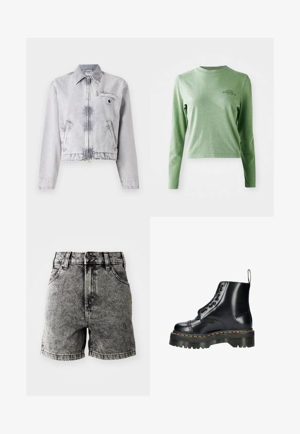 Harmaa denimpaita, jossa on pitkät hihat, vetoketjukiinnitys, lyhyt muotoilu, rintatasku ja logon yksityiskohta. Pehmeä rakenne, jossa on haalistunut pinta.; Vaaleanvihreä pitkähihainen t-paita, joka on valmistettu pehmeästä puuvillasta. Paidassa on pyöreä kaula-aukko ja pieni painettu logo vasemmalla ylhäällä.; Mustat farkkushortsit, joissa on korkea vyötärö, viisi taskua ja kulutettu pinta, jossa näkyvät ompeleet ja metalliset yksityiskohdat.; Mustat nahkasaappaat nilkkamittassa, joissa on paksu pohja, koristeelliset nauhat, keltainen ommeltu sauma ja vetotab käärmeessä.