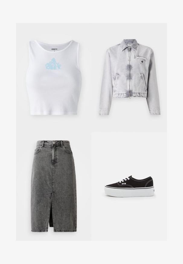 Veste en denim gris avec manches longues, fermeture éclair à l'avant, design cropped, poche poitrine et détail de logo. Texture douce avec une finition décolorée.; Crop top blanc à côtes avec un col rond et un logo "OBEY" bleu clair centré sur la poitrine. Texture lisse et design ajusté.; Jupe midi en denim noir délavé, taille haute, avec fente frontale, passants de ceinture et design classique à cinq poches.; Baskets en toile noires avec une semelle en caoutchouc blanc, dotées de lacets et de coutures blanches, marquage emblématique sur le côté, design basse.