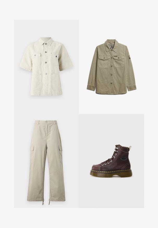 Superdry & Co MILITARY - Let jakke / Sommerjakker - dark sage green; Kortærmet skjorte i lys beige stof, med spidse kraver, frontknapper, to brystlommer og et lille logomærke på venstre side.; Lys beige cargo bukser med en afslappet pasform, der har knaplukning, sidelommer og justerbar kant med snore. Glat stoftekstur.; Brun læder ankelstøvle med tekstureret overflade, sølv øjer og gul syning. Har en kraftig gennemsigtig sål og en trækstrop.