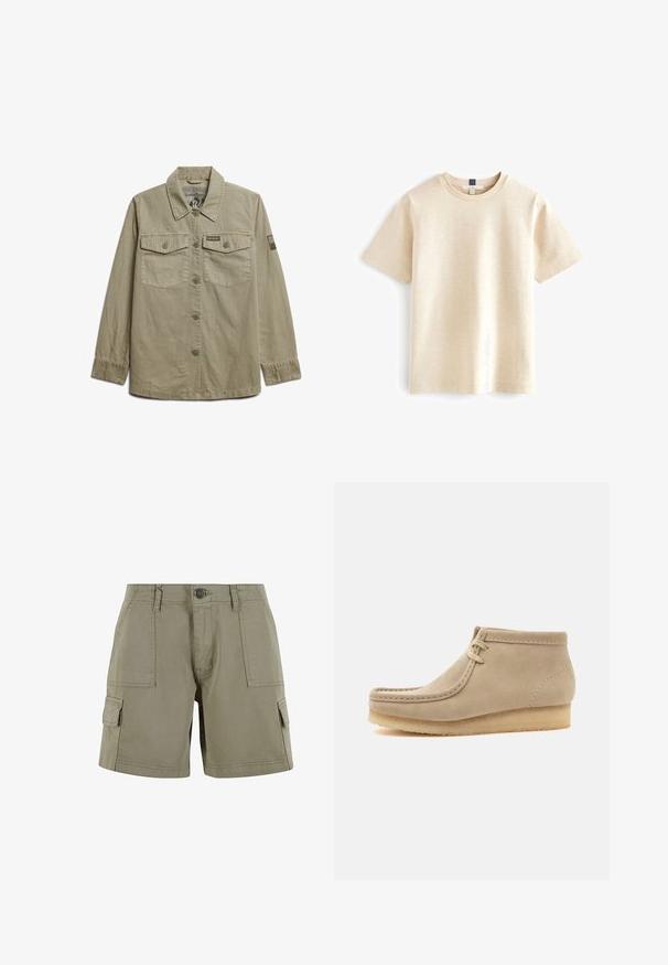 Superdry & Co MILITARY - Let jakke / Sommerjakker - dark sage green; Beige kortærmet t-shirt lavet af blødt bomuld, med rund halsudskæring og en afslappet pasform med subtil tekstur.; Khaki cargo shorts lavet af letvægtsbomuld med to sidelommer, en front knaplukning og lige snit.; Beige ruskind-ankelstøvle med crepe sål og mokkasinsting, med to snørehuller og flad hæl.