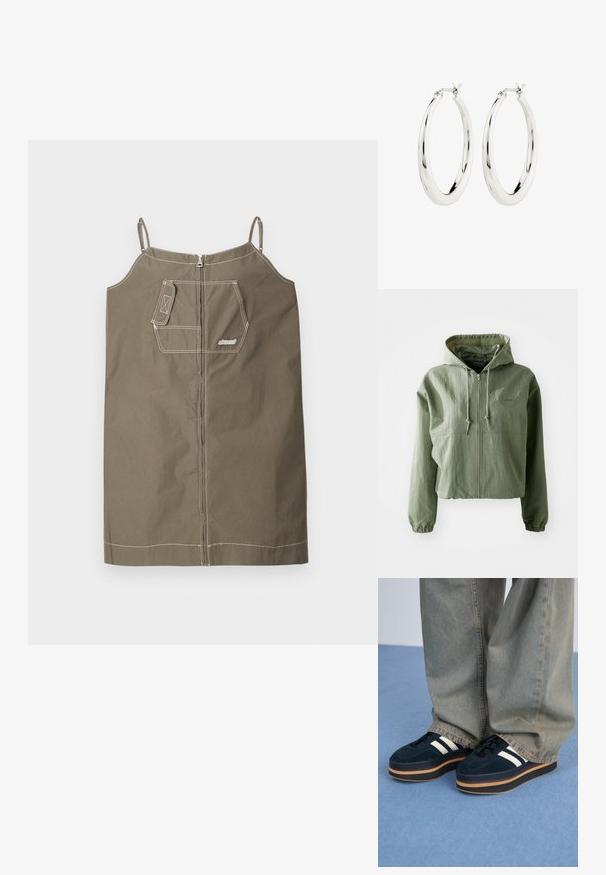 Zastrihnutá kapucňová bunda vo svetlozelenej farbe, vyrobená z textúrovaného materiálu. Obsahuje predný zips, kapucňu so šnúrkou a elastické manžety. Branding na hrudi.; Olive zelené šaty bez rukávov vyrobené z bavlny s uzáverom na zips. Obsahuje jednu náprsní kapsu, kontrastné šitie a nastaviteľné ramienka.; Tmavomodré semišové platformové tenisky s bielymi pruhmi a čiernymi šnúrkami. Majú hrubú hnedú gumovú podrážku. Nosia sa s svetlomodrými džínsami.; Strieborné kruhové náušnice s hladkým, lesklým povrchom. Obľúbený tvar, vybavené bezpečným zapínaním. Jednoduchý a elegantný dizajn.