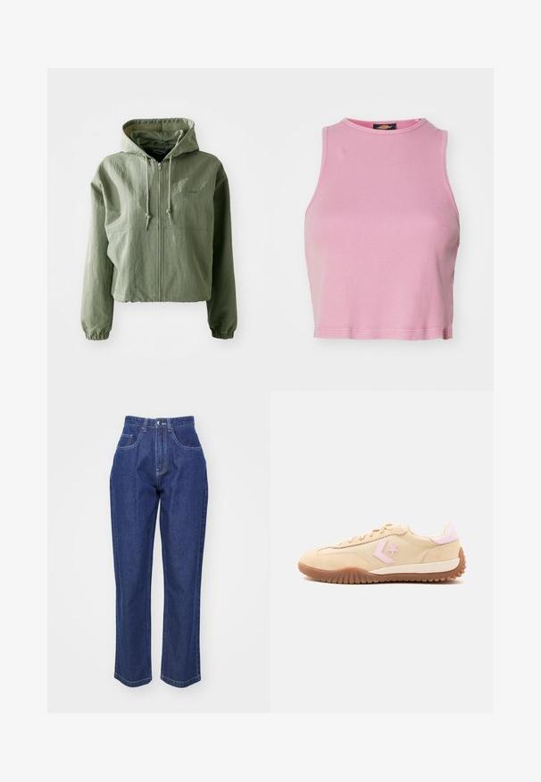 Veste à capuche coupée de couleur vert clair, fabriquée en tissu texturé. Comprend une fermeture éclair à l'avant, une capuche avec cordon de serrage et des poignets élastiques. Marque sur la poitrine.; Crop top rose à côtes avec un col rond et un design sans manches. Se termine juste au-dessus de la taille.; Jean en denim bleu foncé à taille haute, jambe droite, cinq poches et surpiqûres contrastées. Design classique avec une texture lisse.; Baskets beige avec logo étoile rose clair, détail rose au talon et semelle rainurée marron, vues de côté sur fond blanc.