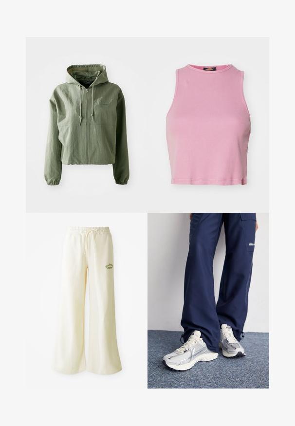Afskaaret hættejakke i lysegrøn, lavet af struktureret stof. Har frontlynlås, hætte med snoretræk og elastiske manchetter. Branding på brystet.; Rosa ribbet crop top med rund halsudskæring og ærmeløs design. Har en kant, der slutter lige over taljen.; Cremefarvede sweatpants med vide ben, elastisk talje og justerbar snor. Broderet grønt "Athletic" tekst foran. Blødt materiale.; Nike sportssko med en sølvfarvet mesh-overdel, hvide detaljer og strukturerede såler, parret med løstsiddende navy bukser.