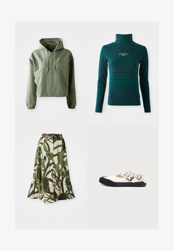 Afskaaret hættejakke i lysegrøn, lavet af struktureret stof. Har frontlynlås, hætte med snoretræk og elastiske manchetter. Branding på brystet.; Langærmet turtleneck top i teal med mørkeblå vandrette striber. Har et lille hvidt og guld logo på brystet. Blødt, strækbart stof.; Lang nederdel med kaktusprint i nuancer af grøn og creme, med en sammenpresset talje og et brunt bælte til lukning.; Hvid canvas flad sko med sort gummivinparti og sål, med to justerbare spænder over toppen.