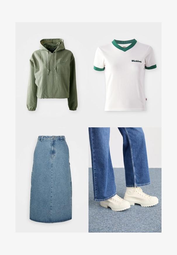 Verschotten hooded jack in lichtgroen, gemaakt van textuurstoffen. Voorzien van een ritssluiting aan de voorkant, een trekkoordcapuchon en elastische manchetten. Merken op de borst.; Witte T-shirt met korte mouwen en groene V-hals en mouwafwerking; voorzien van het "Dickies" logo in donkergroen op de linkerkant van de borst. Gladde katoenen textuur.; Obey Clothing JUNIPER MIDI SKIRT - A-lijn rok - stonewash indigo; Witte hoge sneakers met dikke, geribbelde zolen en ronde logo-detail, gedragen met lichtblauwe, wijde denim jeans.