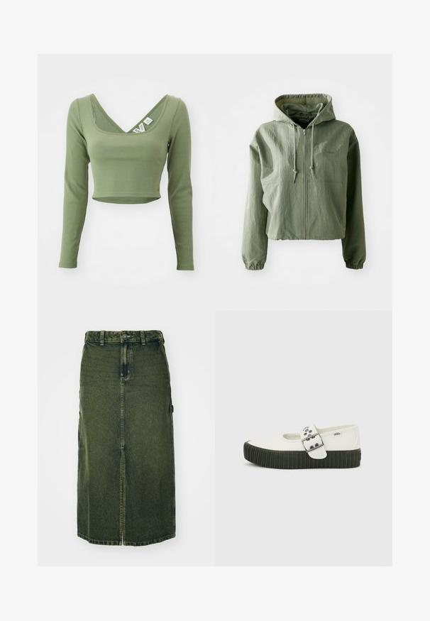 Afskaaret hættejakke i lysegrøn, lavet af struktureret stof. Har frontlynlås, hætte med snoretræk og elastiske manchetter. Branding på brystet.; Khaki grøn, langærmet cropped top med ribbet tekstur og bred udskæring. Mærker synlige ved kraven.; Grøn denimnederdel med mellemlangt snit, frontslids, knaplukning og bæltestropper. Dens struktur er let falmet, med sidelommer.; Hvid Vans Mary Jane-sko med tyk sort ribbet sål og stor sølvspænde på en ensfarvet grå baggrund.
