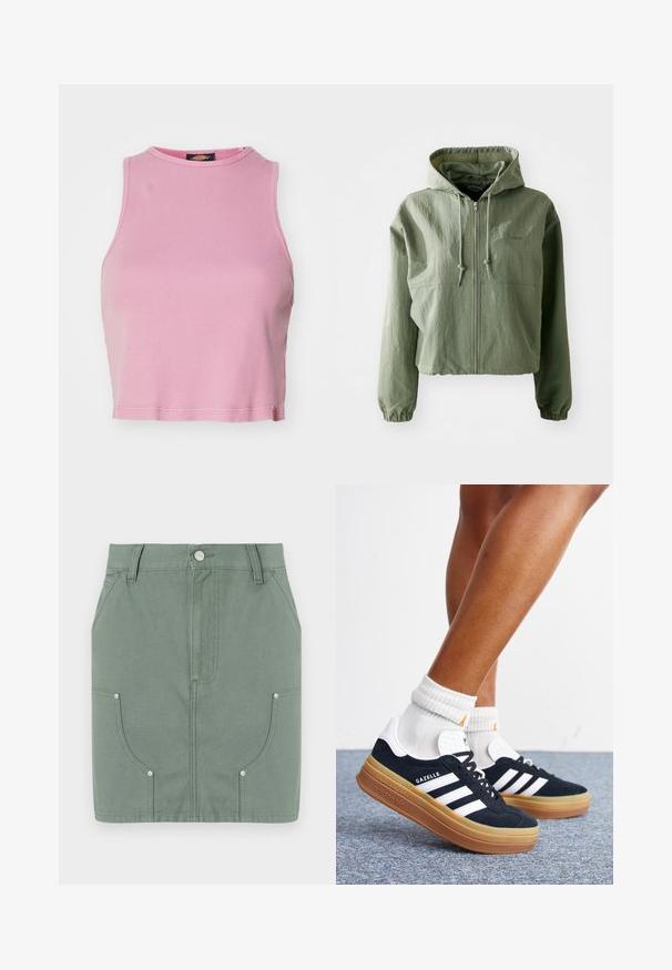 Abgeschnittene Kapuzenjacke in Hellgrün, aus strukturiertem Stoff. Mit Frontreißverschluss, verstellbarer Kapuze und elastischen Bündchen. Markenlogo auf der Brust.; Rosa gerippter Cropped-Top mit rundem Halsausschnitt und ärmellosem Design. Besitzt einen Saum, der knapp über der Taille endet.; Grüne Baumwollrock mit einem taillierten Design, ausgestattet mit vorderen Taschen, glatter Textur und metallischen Hardware-Akzenten an den Taschen.; Beine mit weißen Socken und schwarzen Adidas Gazelle Sneakers mit weißen Streifen und dicken braunen Sohlen auf einem grauen Teppichboden.