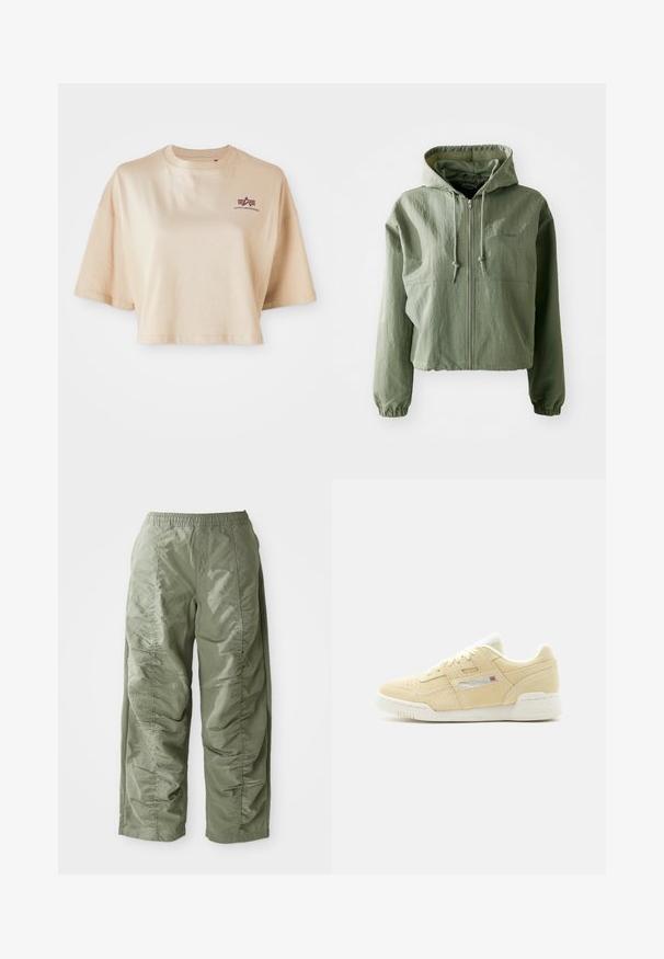 Afskaaret hættejakke i lysegrøn, lavet af struktureret stof. Har frontlynlås, hætte med snoretræk og elastiske manchetter. Branding på brystet.; Beige cropped t-shirt lavet af bomuld, med korte ærmer, en rund halsudskæring og et maroon logo grafik på venstre bryst.; Oliven grøn, letvægtsbukser med elastisk talje, der har en samlet tekstur langs siderne og bred benklipp.; Offwhite ruskind lavtop sneaker med hvid sål, snørebånd og lille britisk flagdetalje på sidepanelet.