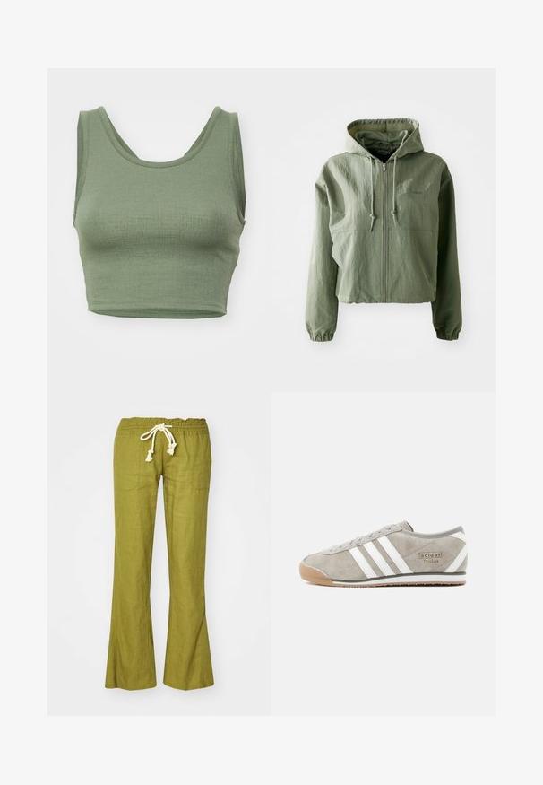 Veste à capuche coupée de couleur vert clair, fabriquée en tissu texturé. Comprend une fermeture éclair à l'avant, une capuche avec cordon de serrage et des poignets élastiques. Marque sur la poitrine.; Top tank court vert olive en tissu côtelé, avec un décolleté arrondi et de larges bretelles.; Pantalons évasés en lin vert avec une taille élastique et un cordon de serrage ajustable. Comprend deux poches latérales et une texture lisse.; Baskets en daim gris avec trois bandes blanches, bout rond, semelle en caoutchouc gomme et petit détail de marque sur le côté.