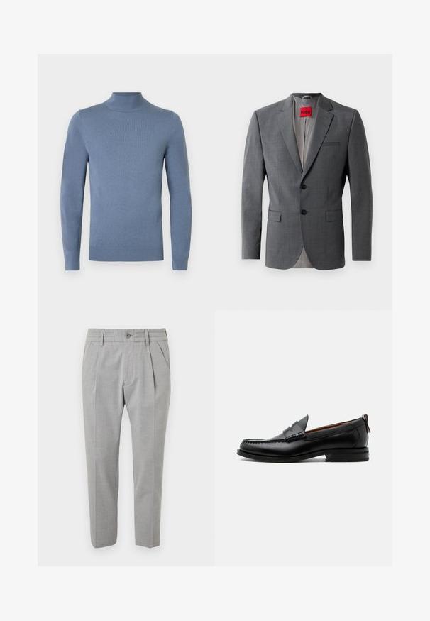 Grå skræddersyet blazer med klapkraver, to knapper og to frontlommer. Indersiden er foret med lys grå stof. Rød mærke synlig.; Lyseblå rullekrave trøje lavet af strikket stof, med lange ærmer, ribbet krave og kant. Enkel design uden synlige mønstre.; Grå skræddersyede bukser med en glat tekstur, der har et plisseret design, frontlommer, bæltestropper i taljen og en knaplukning.; Sort læder herre loafer med moc-tå syning, penny strop, struktureret krave og lav stablet hæl på hvid baggrund.