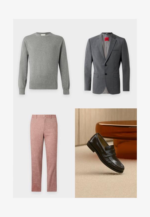Blazer gris a medida con solapas de muesca, dos botones y dos bolsillos frontales. Forro interior de tela gris claro. Etiqueta de la marca roja visible.; Calvin Klein Jersey de punto - medium grey; Pantalones de tejido texturizado rojo con diseño de pierna recta, bolsillos frontales y cierre de botón. La tela presenta un patrón tejido para un detalle añadido.; Mocasín de cuero negro brillante con detalle de correa, colocado sobre una alfombra beige cerca de una mesa de café redonda marrón en una habitación con iluminación suave.