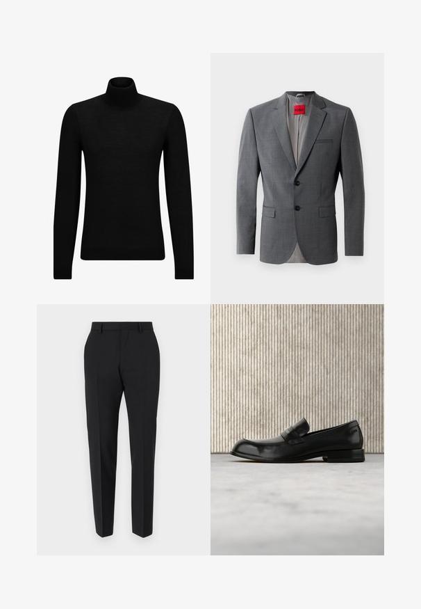 Blazer gris sur mesure avec revers crantés, deux boutons et deux poches avant. Intérieur doublé de tissu gris clair. Étiquette de marque rouge visible.; Pull à col roulé noir en matériau doux, avec des manches longues et une coupe ajustée. Finition côtelée au bas et aux poignets. Design simple.; Pantalons noirs au design ajusté, avec un devant plat, des détails de plis et une coupe élégante. Fabriqués en tissu lisse pour un look raffiné.; Mocassin en cuir noir avec un accent métallique, présenté en lévitation au-dessus d'un tapis beige, avec une table ronde de couleur ambre en arrière-plan.