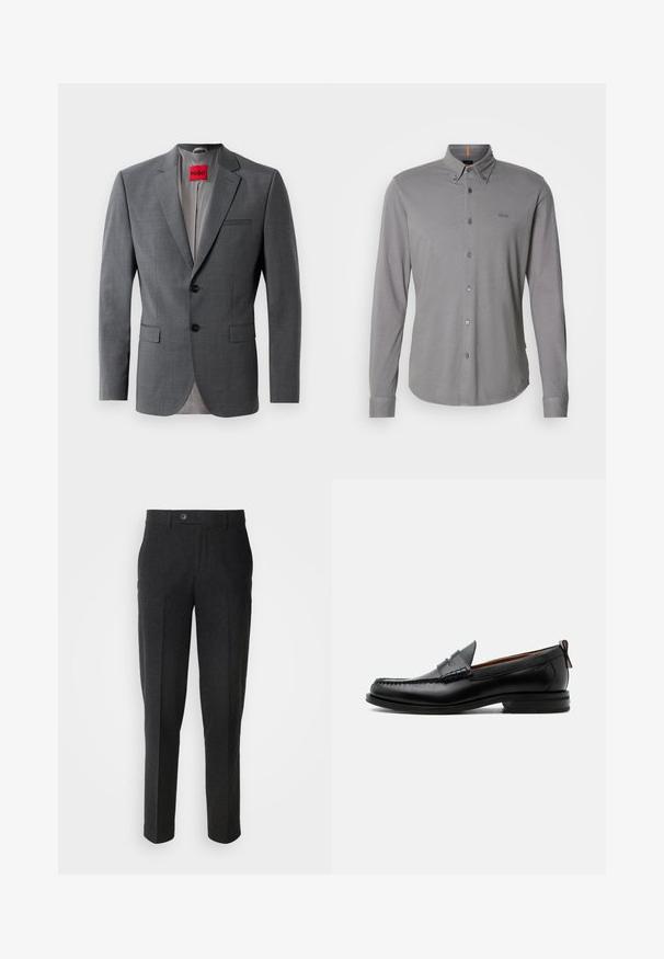 Grå skræddersyet blazer med klapkraver, to knapper og to frontlommer. Indersiden er foret med lys grå stof. Rød mærke synlig.; Grå langærmet skjorte lavet af bomuld, med knappelukning, spidse krave, lille logoaccent og kontrasterende orange nakkemærke.; Lindbergh Bukser - black melange; Sort læder herre loafer med moc-tå syning, penny strop, struktureret krave og lav stablet hæl på hvid baggrund.